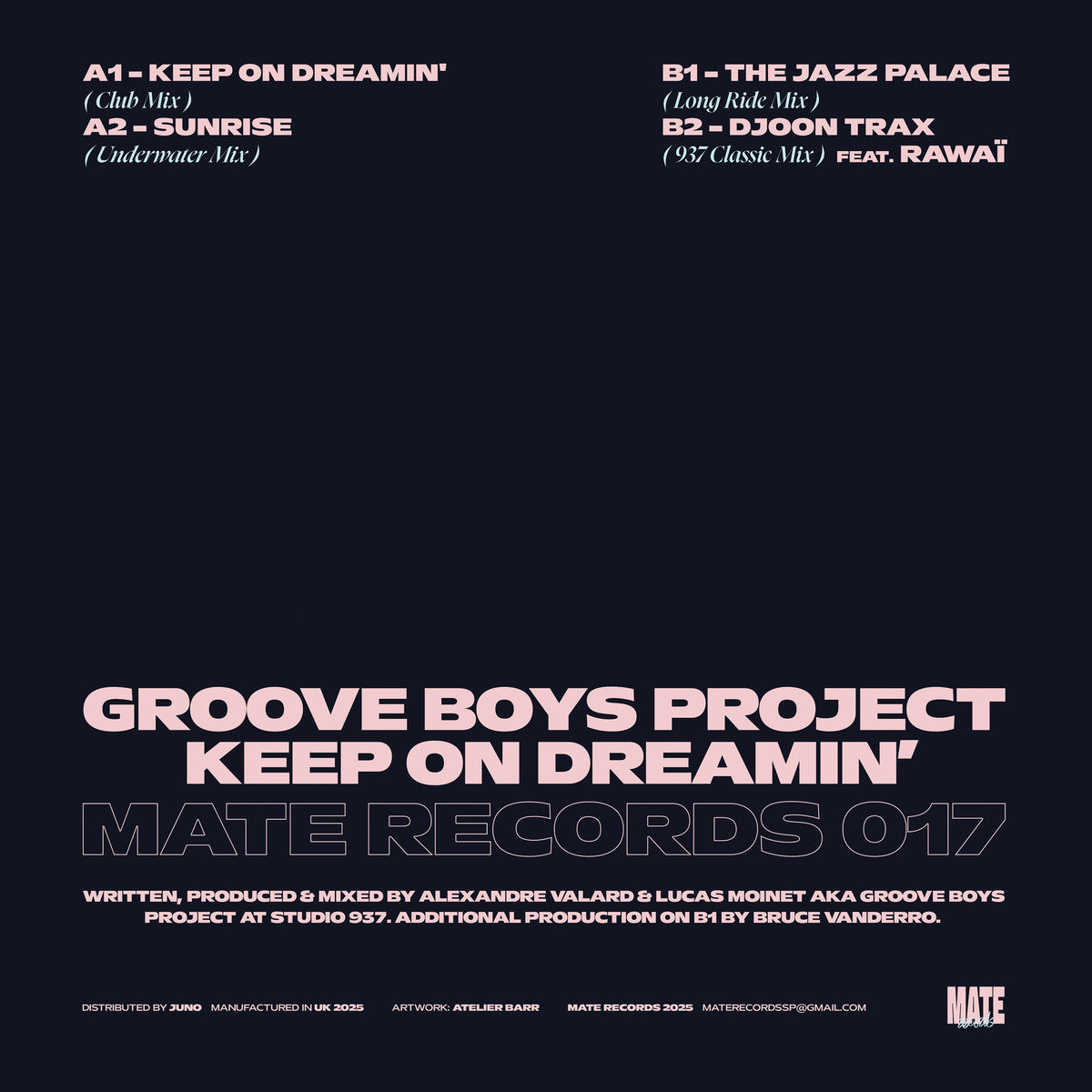 Contraportada del vinilo 12" Groove Boys Project – Keep On Dreamin' con listado de temas, créditos y logo del sello Mate.