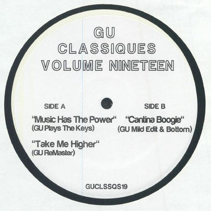 Portada delantera del vinilo con créditos y tracklist del lado A. Texto impreso: “Music Has The Power” (GU Plays The Keys), “Take Me Higher” (GU ReMaster).