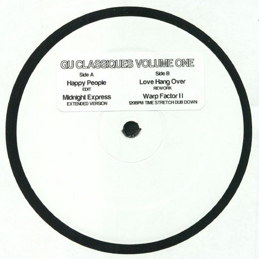 Vinilo GU – Classiques Volume One, lado A con etiqueta blanca y sticker que enumera las cuatro pistas.