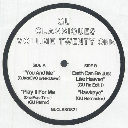 Etiqueta central del lado A del vinilo GU – Classiques Volume Twenty One, white label 12", con pistas de ambas caras y catálogo GUCLSSQS21.
