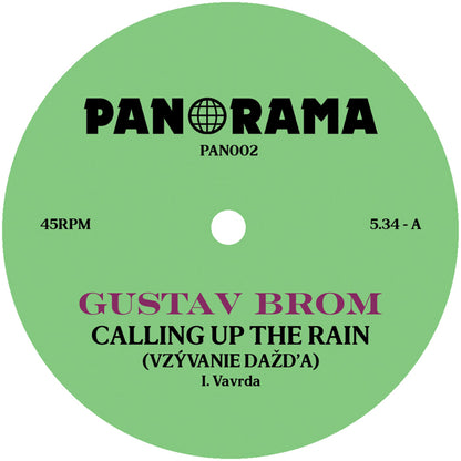 Etiqueta central lado A del vinilo Gustav Brom – Calling Up The Rain en Panorama, con duración 5:34, pista homónima y créditos a I. Vavrda.