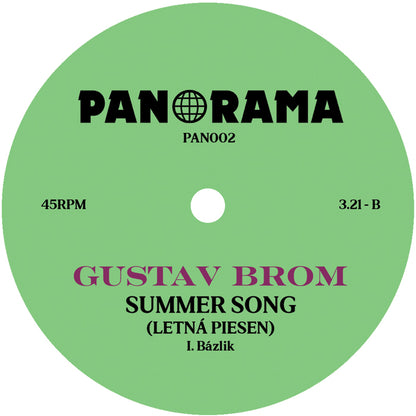 Etiqueta central lado B del vinilo Gustav Brom – Calling Up The Rain editado por Panorama, con duración 3:21, tema Summer Song y créditos a I. Bázlik.