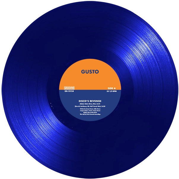 Vinilo 12" azul de “Disco’s Revenge” de Gusto, editado por Groovin Recordings. Etiqueta con información de los remixes y velocidad de reproducción 33 1/3 RPM.
