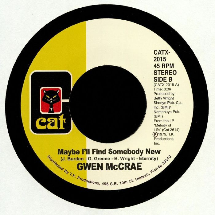 Portada trasera del vinilo "All This Love That I'm Givin'" de Gwen McCrae, editado por Cat Records en 7". Contiene información del lado B y producción.