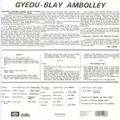 Portada trasera del vinilo de Gyedu-Blay Ambolley – Simigwa editado por Strut. Incluye créditos completos, letras y notas del álbum.
