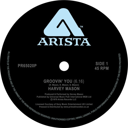 Etiqueta central lado A del vinilo Harvey Mason – Groovin' You en Arista 12" Reedición, con pista Groovin’ You 6:16, créditos completos y catálogo PR65020P.