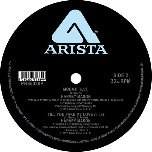 Etiqueta central lado B del vinilo Harvey Mason – Groovin' You en Arista 12" Reedición, con pistas Modaji 6:51 y Till You Take My Love 3:38, créditos y código de catálogo PR65020P.