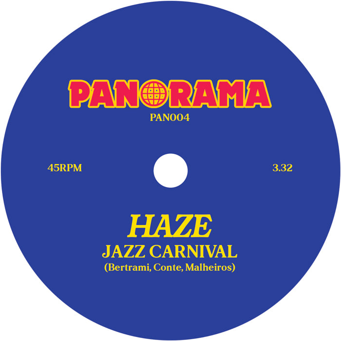 Etiqueta central lado A del vinilo Haze – Jazz Carnival con créditos, duración 3:32 y diseño azul Panorama 7", 45 RPM.