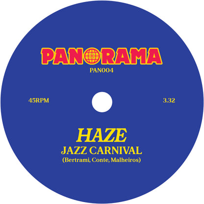 Etiqueta central lado A del vinilo Haze – Jazz Carnival con créditos, duración 3:32 y diseño azul Panorama 7", 45 RPM.