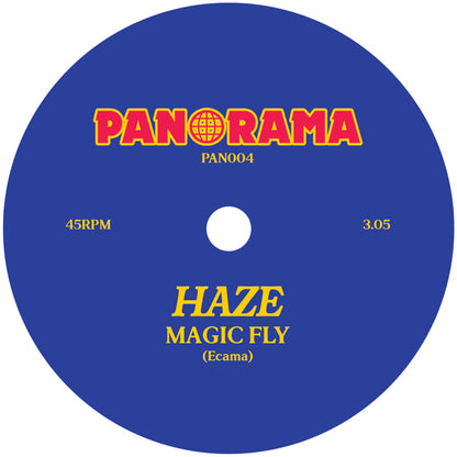Etiqueta central lado B del vinilo Haze – Jazz Carnival con pista Magic Fly, duración 3:05 y sello Panorama en amarillo.