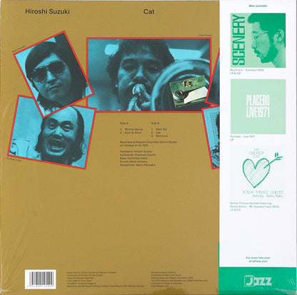 Portada trasera del vinilo Hiroshi Suzuki – Cat, lanzado por el sello We Release Jazz. El vinilo es un LP, edición limitada, reedición remasterizada en 180 g. Texto impreso: lista de canciones, créditos, fotos del artista y músicos.