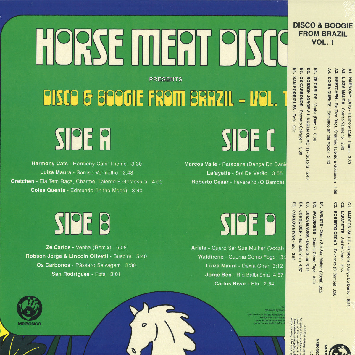 Contraportada del vinilo Horse Meat Disco – Disco & Boogie From Brazil Vol.1 con listado completo de temas por caras y créditos visibles del LP editado por Mr Bongo.