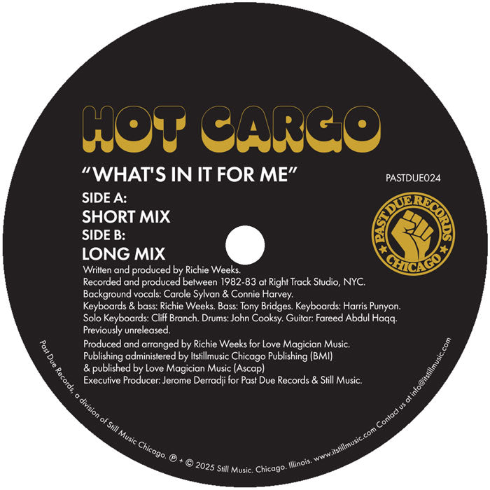 Vinilo Hot Cargo – What’s In It For Me, lado B, etiqueta negra Past Due con títulos Short Mix y Long Mix, créditos y catálogo visibles.