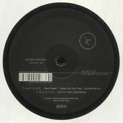 Contraportada del vinilo Idan Hana – Galaxy EP lanzado por Dirt Crew Recordings en formato 12". Incluye la lista de canciones y un remix de Ron Trent.
