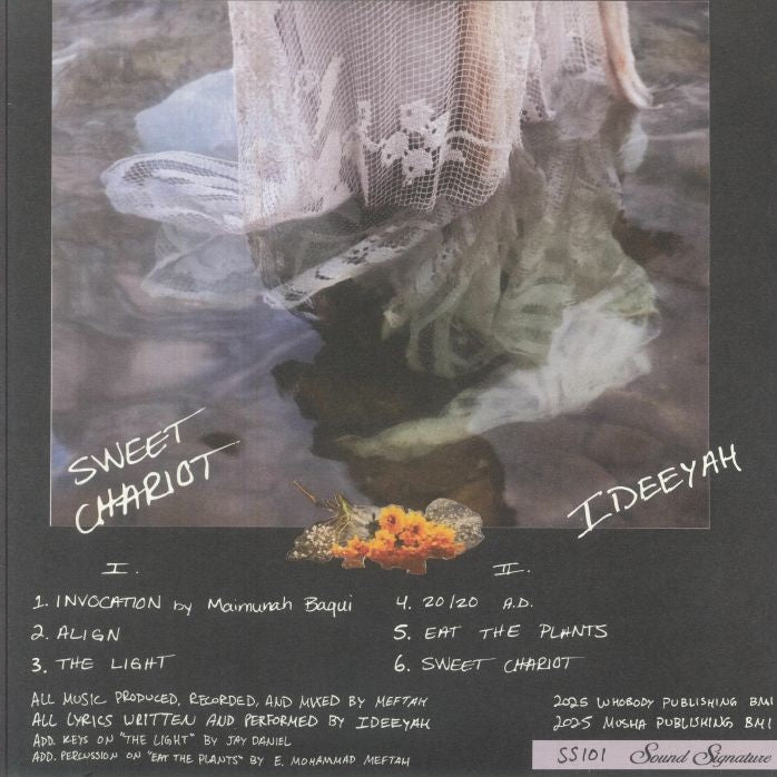 Contraportada del vinilo Ideeyah – Sweet Chariot con lista de temas, créditos de Meftah y Ideeyah, detalles manuscritos y sello Sound Signature en formato 12".