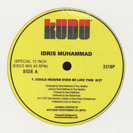 Etiqueta central del vinilo Idris Muhammad – Could Heaven Ever Be Like This, lado A en sello Kudu 12" reedición con pista única de 8:37 y créditos visibles.