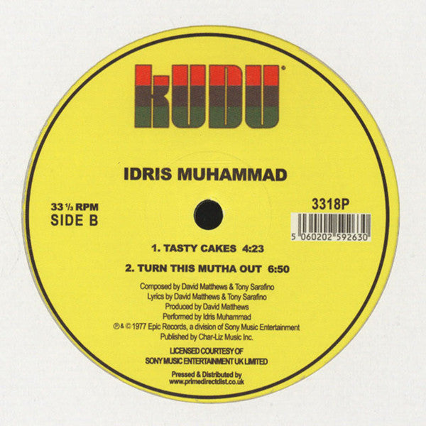 Etiqueta central del vinilo Idris Muhammad – Could Heaven Ever Be Like This, lado B en sello Kudu 12" reedición con catálogo 3318P y dos pistas listadas.