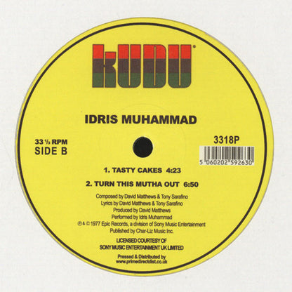Etiqueta central del vinilo Idris Muhammad – Could Heaven Ever Be Like This, lado B en sello Kudu 12" reedición con catálogo 3318P y dos pistas listadas.