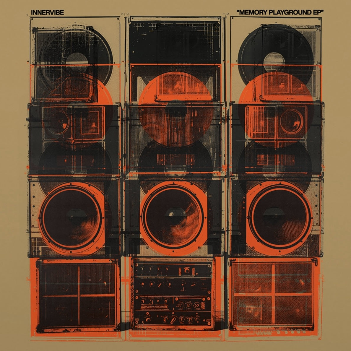 Portada del vinilo Innervibe – Memory Playground EP en Forbidden Dance, diseño retro con torres de altavoces serigrafiados en negro y naranja.