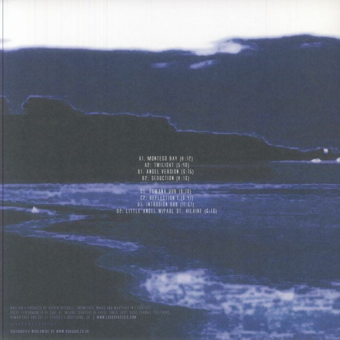 Contraportada del vinilo Intrusion – The Seduction Of Silence en echospace [detroit], 2x12" azul remasterizado con listado de pistas y créditos en sobre marino.