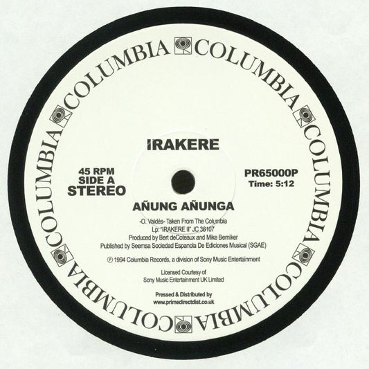 Portada delantera del vinilo de Irakere – Añung Añunga / Baila Mi Ritmo publicado por Columbia, formato 12" reedición. Se muestra el Lado A con el tema “Añung Añunga”, duración 5:12, con créditos a O. Valdés.