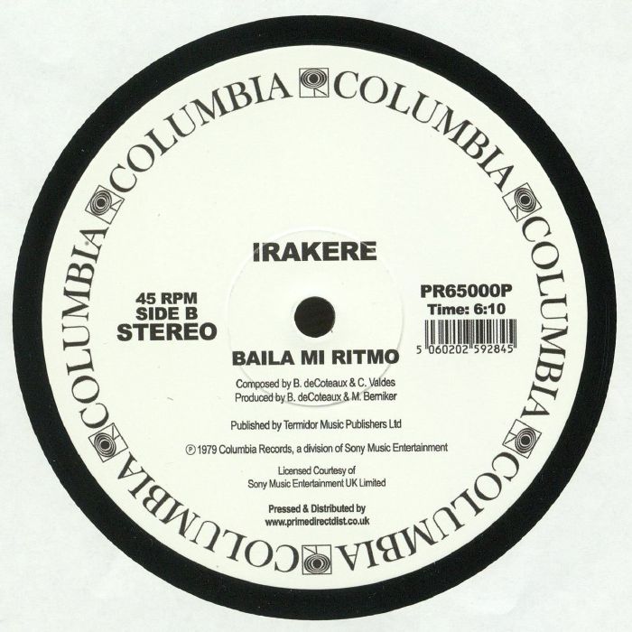 Portada trasera del vinilo de Irakere – Añung Añunga / Baila Mi Ritmo publicado por Columbia, formato 12" reedición. Se muestra el Lado B con “Baila Mi Ritmo”, duración 6:10, compuesta por B. deCoteaux y C. Valdés.
