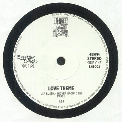 Portada delantera del vinilo de 7" de Isaac Hayes – Love Theme (Ilija Rudman Higher Ground Mixes) publicado por Brooklyn Highs Edits. Etiqueta con el título, remix y duración.