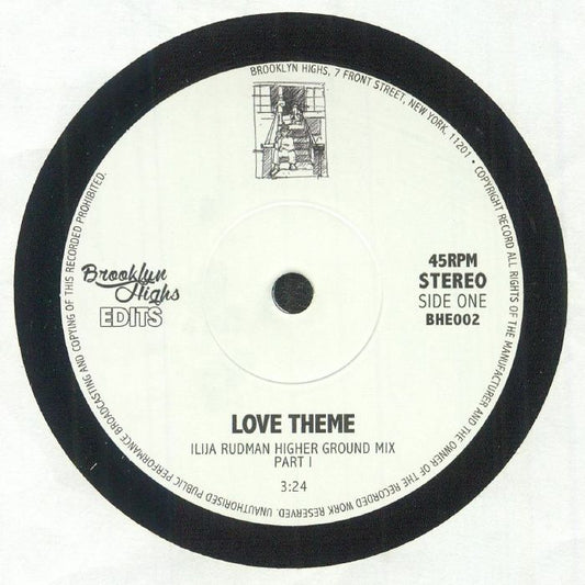 Portada delantera del vinilo de 7" de Isaac Hayes – Love Theme (Ilija Rudman Higher Ground Mixes) publicado por Brooklyn Highs Edits. Etiqueta con el título, remix y duración.