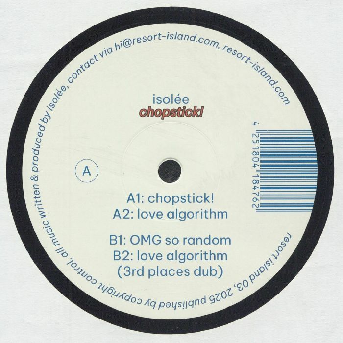 Etiqueta central lado A del vinilo Isolée – Chopstick! en 12" por Resort Island, con lista de pistas, créditos y código de catálogo.