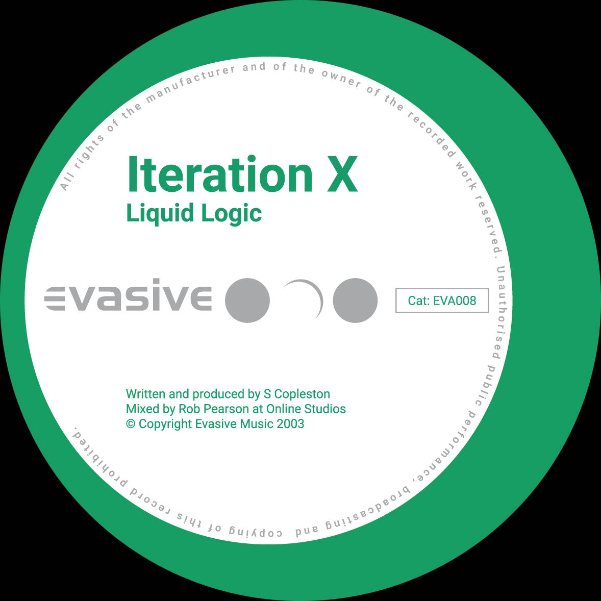 Etiqueta central lado B del vinilo Iteration X – Timecheck / Liquid Logic de Evasive Records, con el tema "Liquid Logic", créditos de producción a S Copleston, catálogo EVA008 y copyright 2003.