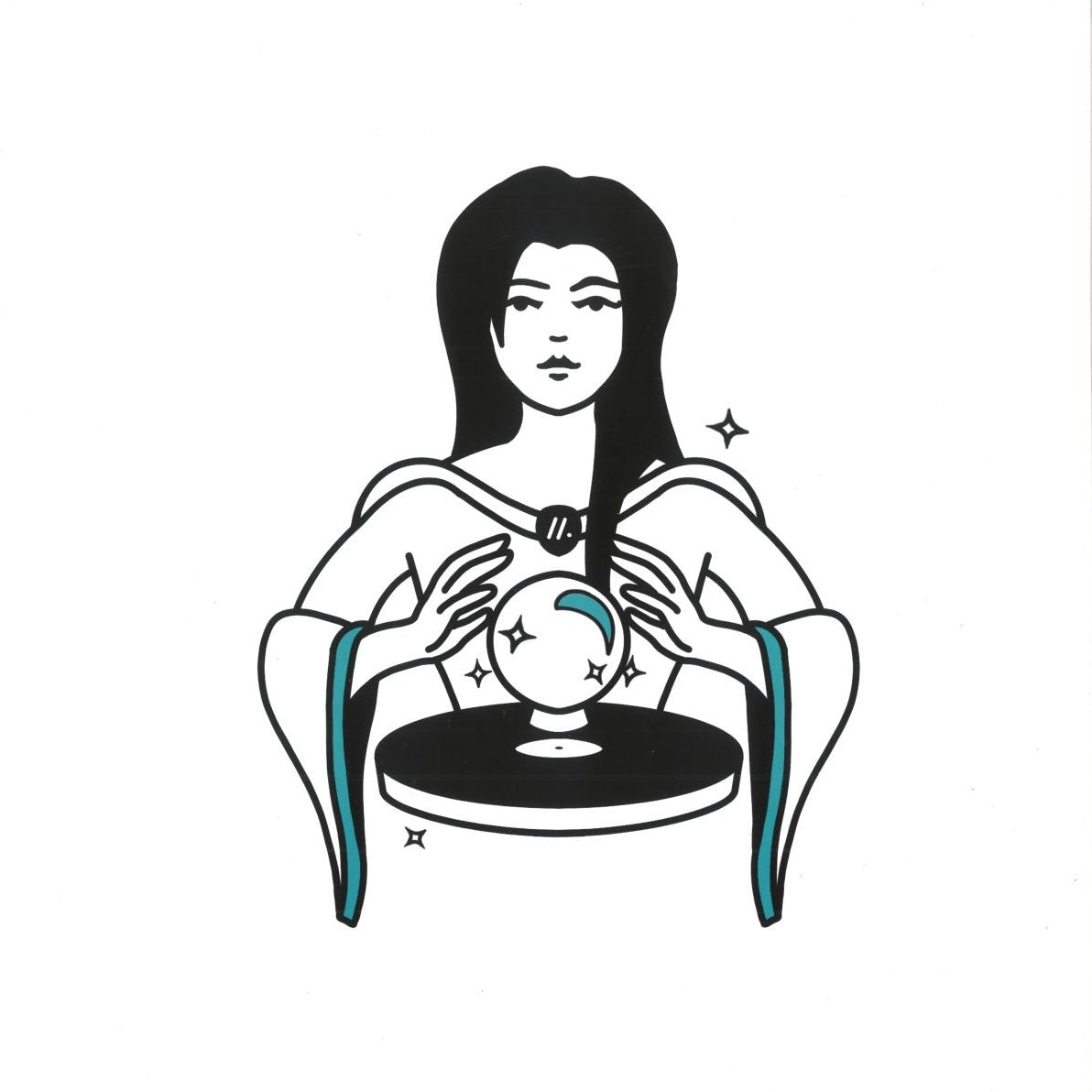 Ilustración minimalista de mujer con bola de cristal sosteniendo un disco, portada del vinilo Jansons – Yeah Yeah Yeah en 12" Homegrown.