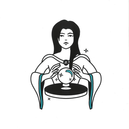 Ilustración minimalista de mujer con bola de cristal sosteniendo un disco, portada del vinilo Jansons – Yeah Yeah Yeah en 12" Homegrown.