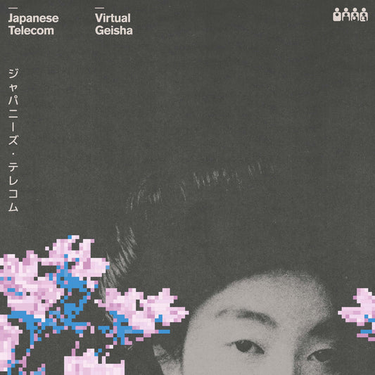 Portada del vinilo Japanese Telecom – Virtual Geisha con retrato grisáceo y flores pixeladas en un diseño minimal.