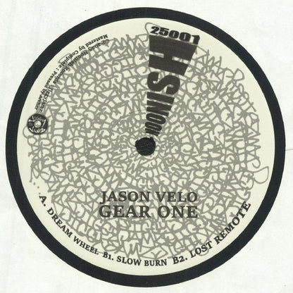 Etiqueta central del vinilo Jason Velo – Gear One 12” con pistas A, B1 y B2, créditos y catálogo de Noonish Records.