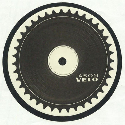 Etiqueta central del vinilo Jason Velo – Gear One 12” con diseño gráfico minimalista en blanco y negro del lado opuesto.