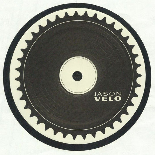 Etiqueta central del vinilo Jason Velo – Gear One 12” con diseño gráfico minimalista en blanco y negro del lado opuesto.