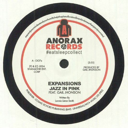 Etiqueta central del lado A del vinilo 7" Jazz In Pink Feat. Gail Johnson – Expansions, con el tema "Expansions", duración 3:55, producido por Gail Jhonson y editado por Anorax Records.