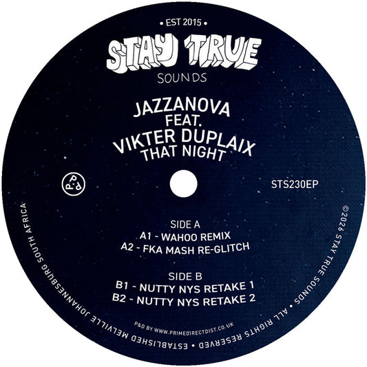 Lado A vinilo Jazzanova Feat. Vikter Duplaix – That Night 12" EP etiqueta azul Stay True Sounds con tracklist completo A1 Wahoo Remix A2 FKA Mash Re-Glitch B1 B2 Nutty NYS Retake y código STS230EP.