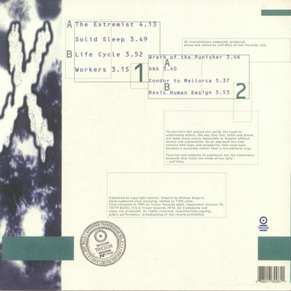 Portada trasera del vinilo Jeff Mills – Waveform Transmission Vol. 3, publicado por Tresor en 2xLP. Incluye lista de canciones, créditos y sello Tresor.