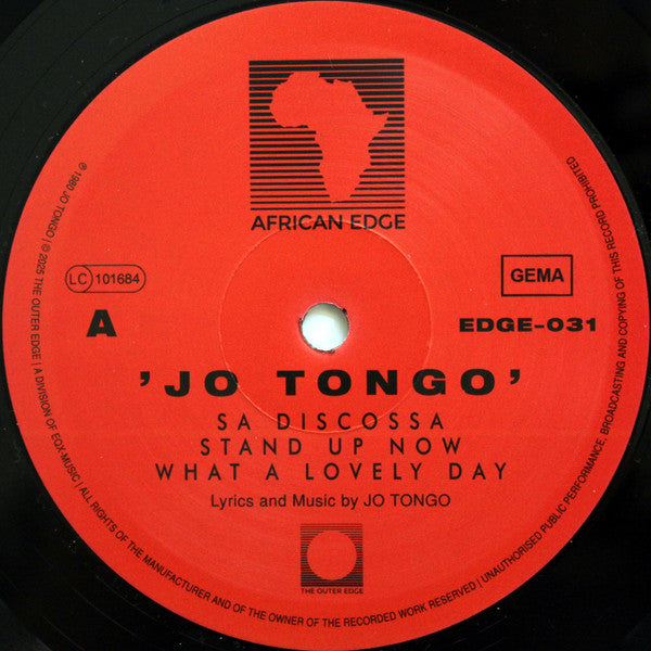 Etiqueta central roja del lado A del vinilo L'Explosif Jo Tongo – Sa Discossa con lista de temas, créditos de Jo Tongo y catálogo EDGE-031 de The Outer Edge.