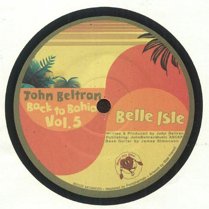 Contraportada del vinilo "John Beltran – Back To Bahia Vol. 5" editado por MotorCity Wine Recordings en 7". Diseño retro con lista de canciones y detalles del lanzamiento. Texto impreso: nombres de los temas, sello discográfico y créditos adicionales.