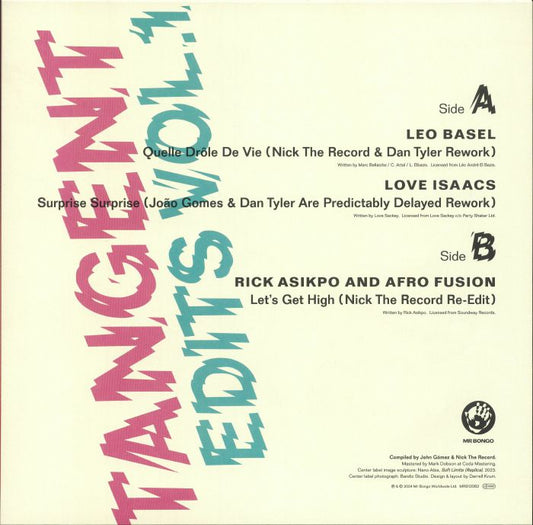 Portada trasera del vinilo John Gómez & Nick The Record – Tangent Edits Vol. 1 bajo el sello Mr Bongo. Incluye lista de canciones y créditos del lado A y B.