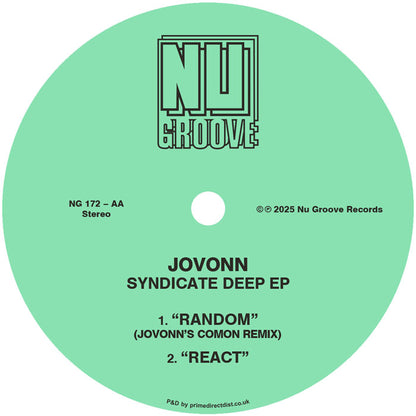 Lado B del vinilo Jovonn – Syndicate Deep EP 12" con etiqueta verde Nu Groove Records, incluye “Random” remix y “React”, catálogo NG 172-AA.