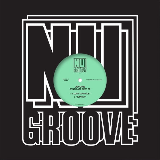 Portada de vinilo Jovonn – Syndicate Deep EP 12" en funda negra con logo Nu Groove Records en marco blanco y etiqueta verde centrada.