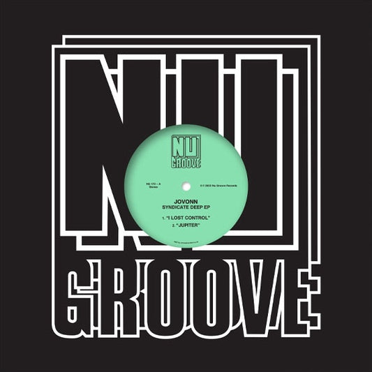 Portada de vinilo Jovonn – Syndicate Deep EP 12" en funda negra con logo Nu Groove Records en marco blanco y etiqueta verde centrada.