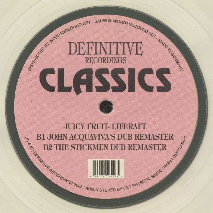 Contraportada del vinilo Juicy Fruit – Liferaft, lanzado por el sello Definitive Recordings en formato 12" transparente. Contiene remixes dub en el lado B. Texto impreso: “JUICY FRUIT – LIFERAFT B1 JOHN ACQUAVIVA’S DUB REMASTER B2 THE STICKMEN DUB REMASTER.”