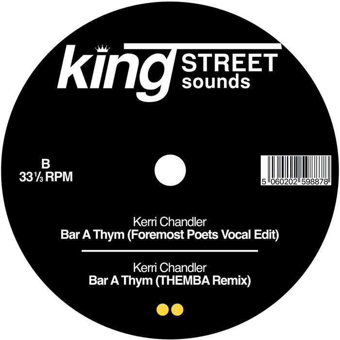 Portada trasera del vinilo mostrando los temas del lado B. Vinilo de Kerri Chandler – Bar A Thym editado por BPM King Street Sounds en 12".