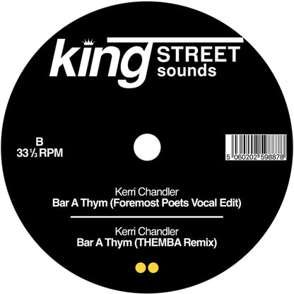 Portada trasera del vinilo mostrando los temas del lado B. Vinilo de Kerri Chandler – Bar A Thym editado por BPM King Street Sounds en 12".