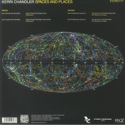 Portada trasera del vinilo de Kerri Chandler "Spaces And Places (Album Sampler Part 1)". Incluye lista de canciones y créditos.