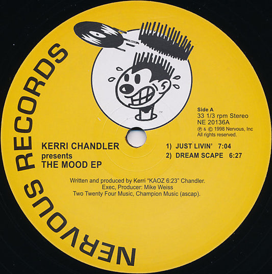 Portada delantera del vinilo Kerri Chandler – The Mood EP, lanzado en 1998 bajo Nervous Records en formato 12". Diseño clásico con el logo icónico del sello.